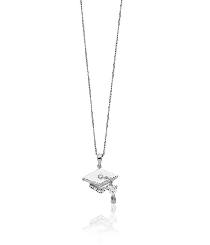 925 Sterling Silver Cubic Zirconia CZ Graduation Cap Chain Necklace