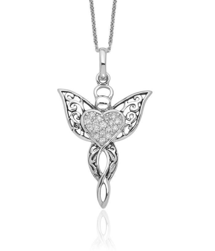 925 Sterling Silver Cubic Zirconia CZ Vintage Guardian Angel Wings of Blessing Necklace Chain