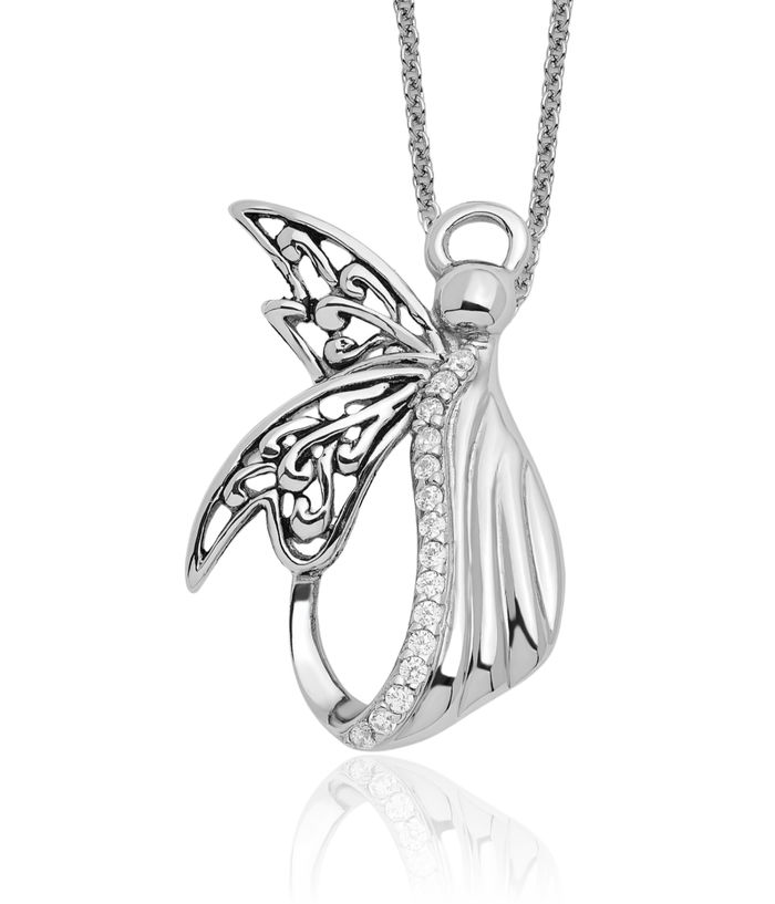 925 Sterling Silver Cubic Zirconia CZ Vintage Guardian Angel Wings of Perseverance Necklace Chain