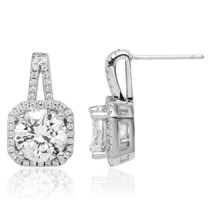 925 Sterling Silver Cubic Zirconia CZ Halo Round Drop Dangle Earrings