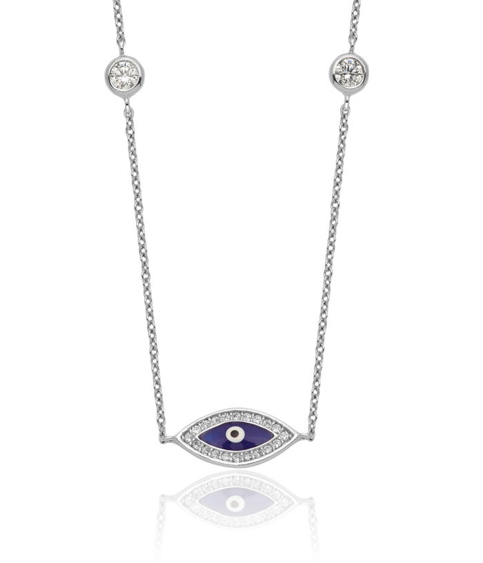 925 Sterling Silver Cubic Zirconia CZ Hamsa Hand of Fatima Evil Eye Protection Good Luck Blue Chain Necklace