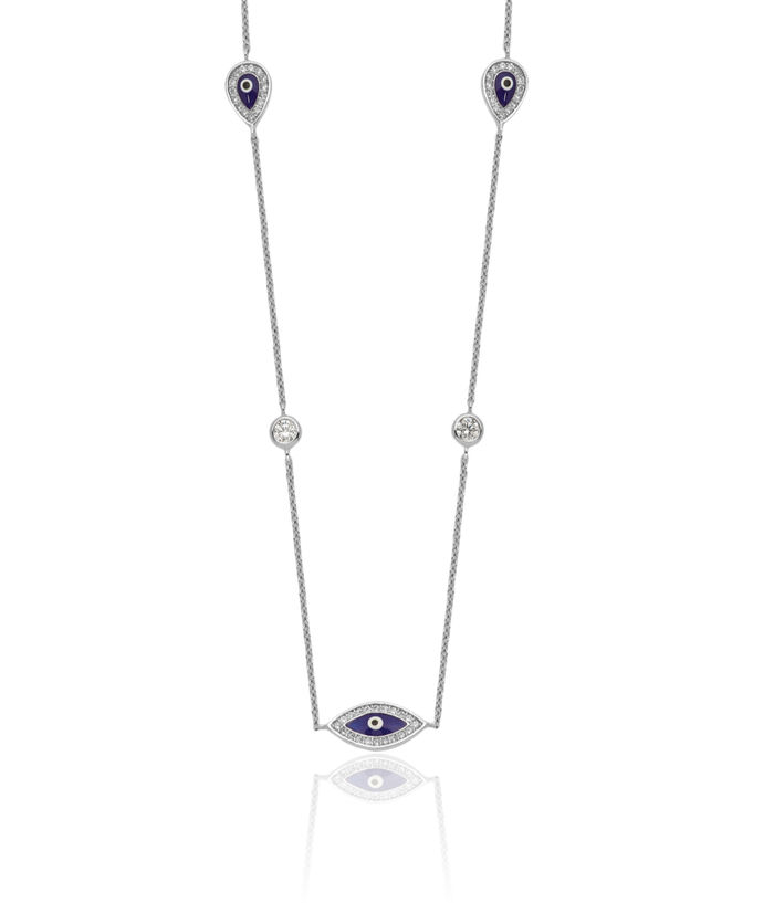 925 Sterling Silver Cubic Zirconia CZ Hamsa Hand of Fatima Evil Eye Protection Good Luck Blue Chain Necklace