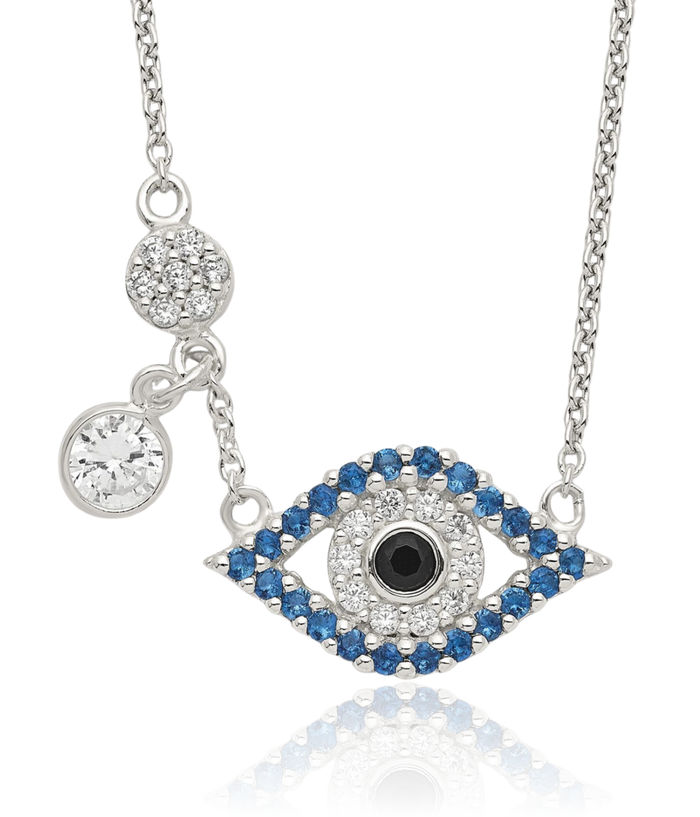 925 Sterling Silver Cubic Zirconia CZ Hamsa Hand of Fatima Evil Eye Protection Good Luck Blue Chain Necklace