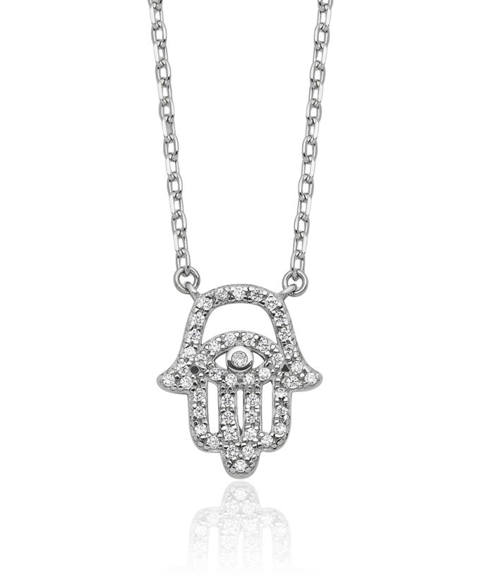 925 Sterling Silver Cubic Zirconia CZ Hamsa Hand of Fatima Good Luck Evil Eye Protection Chain Necklace