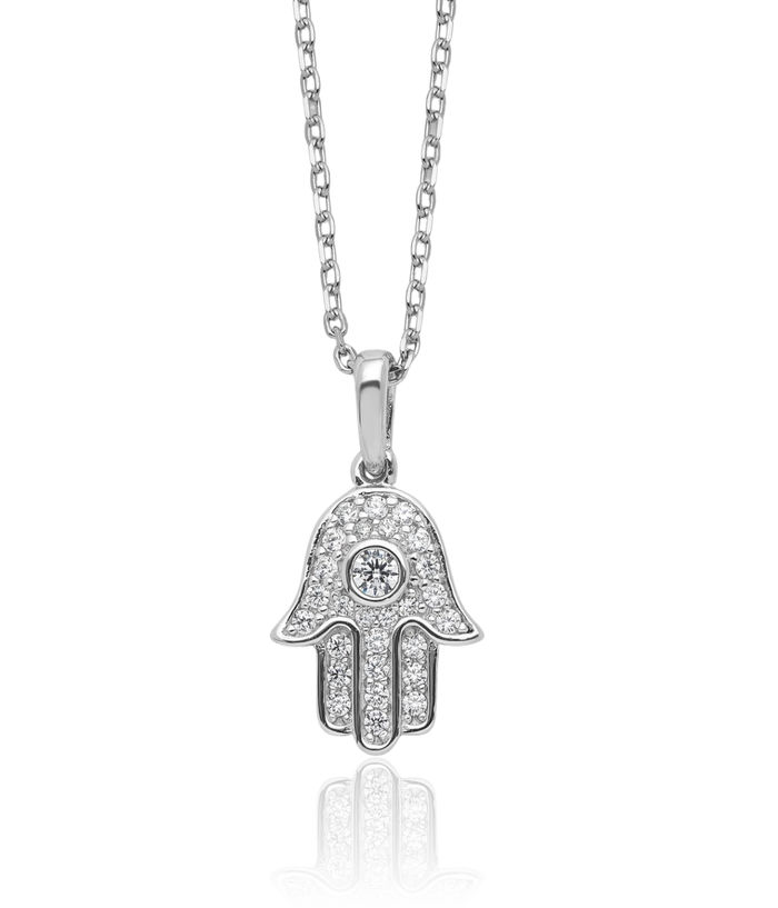 925 Sterling Silver Cubic Zirconia CZ Hamsa Hand of Fatima Evil Eye Protection Chain Necklace