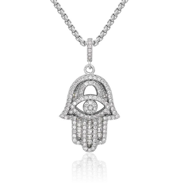 925 Sterling Silver Cubic Zirconia CZ Hamsa Hand of Fatima Evil Eye Protection Necklace Chain Pendant Charm