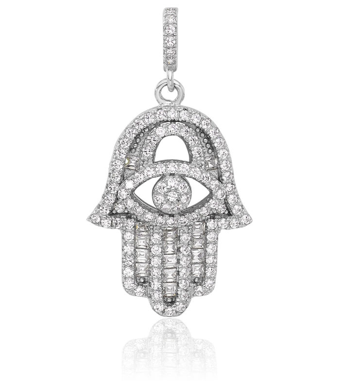 925 Sterling Silver Cubic Zirconia CZ Hamsa Hand of Fatima Evil Eye Protection Necklace Chain Pendant Charm