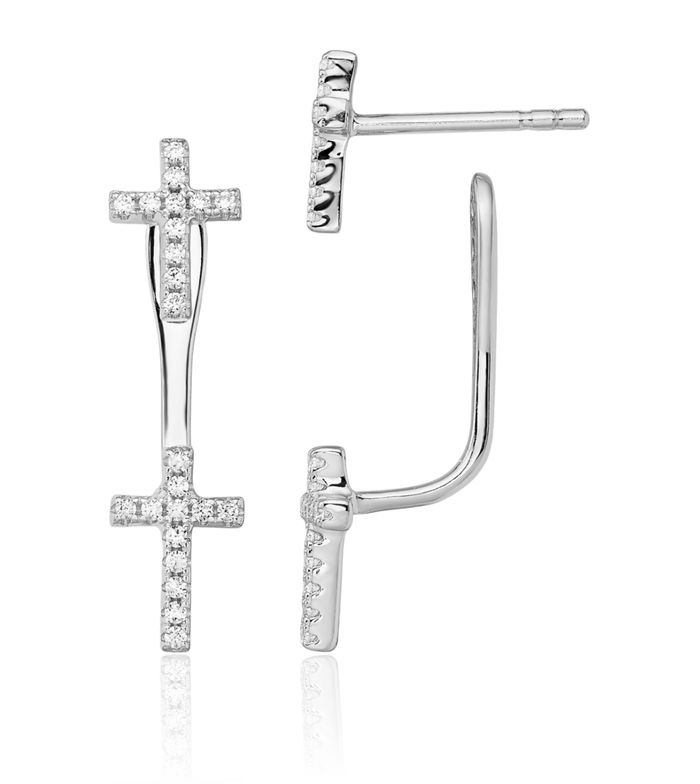 925 Sterling Silver Cubic Zirconia CZ Hanging Holy Cross Christian Religious Drop Dangle Earrings
