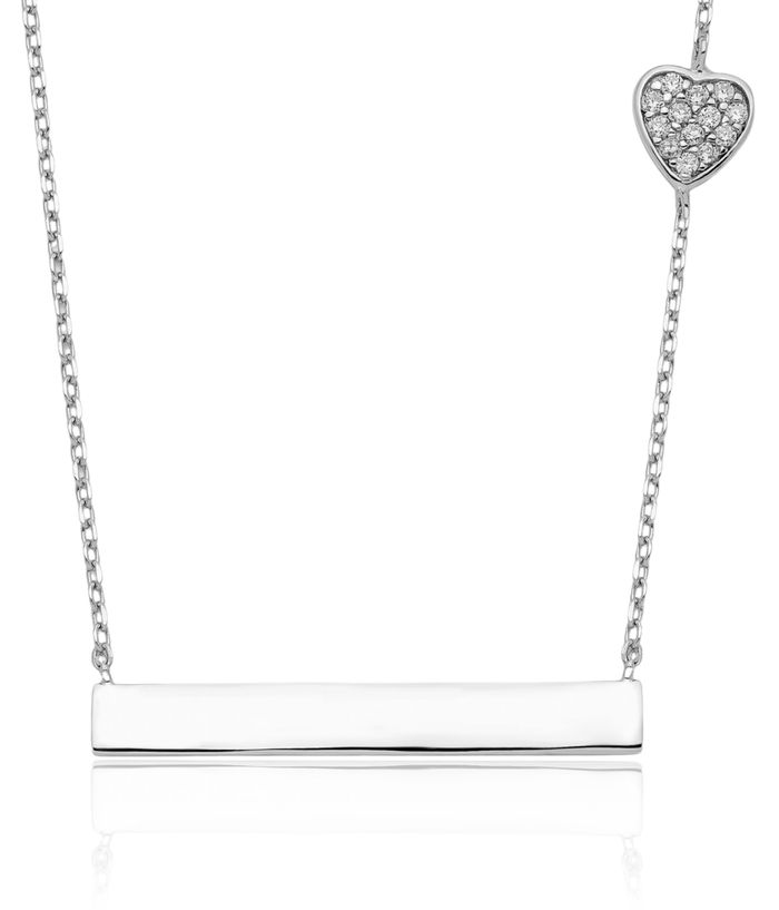 925 Sterling Silver Cubic Zirconia CZ Heart Bar Chain Necklace