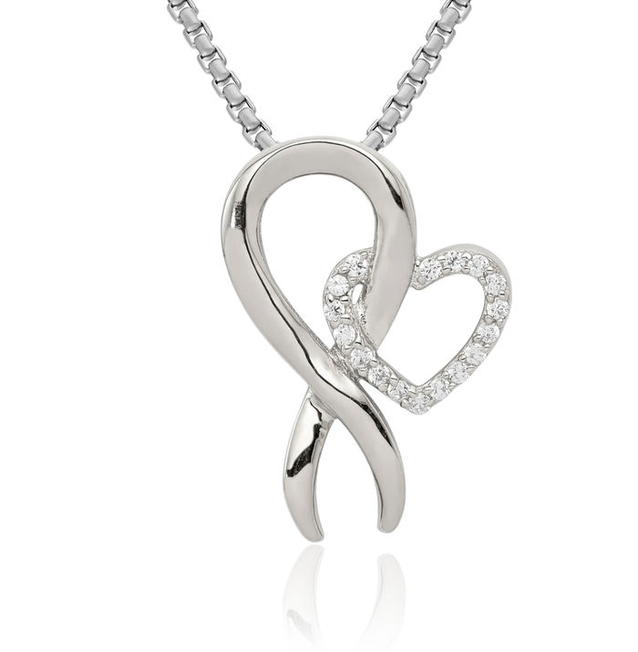 925 Sterling Silver Cubic Zirconia CZ Heart Breast Cancer Awareness Ribbon Floating Chain Slide Pendant Necklace Charm