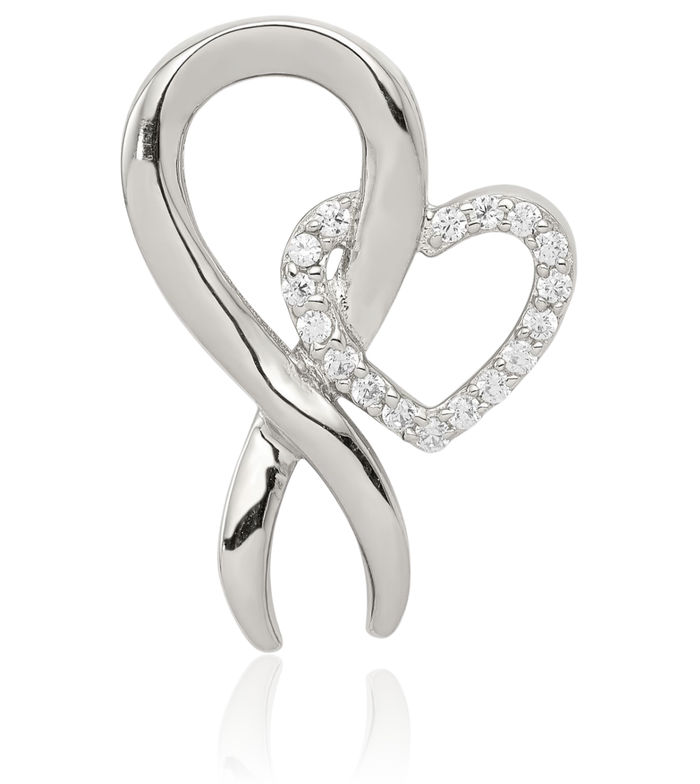 925 Sterling Silver Cubic Zirconia CZ Heart Breast Cancer Awareness Ribbon Floating Chain Slide Pendant Necklace Charm