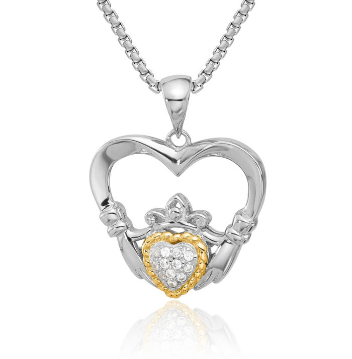 925 Sterling Silver Cubic Zirconia CZ Heart Irish Claddagh Celtic Necklace Chain Pendant Charm Jewelry