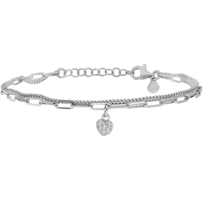 925 Sterling Silver Cubic Zirconia CZ Heart Chain Charm Bracelet