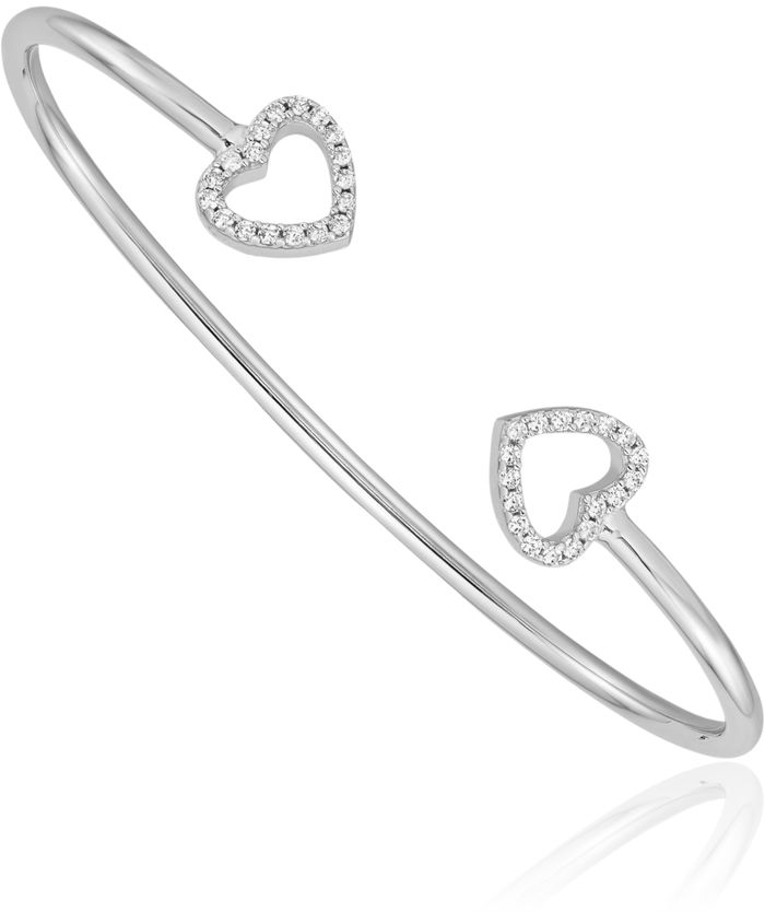 925 Sterling Silver Cubic Zirconia CZ Heart Cuff Charm Bracelet