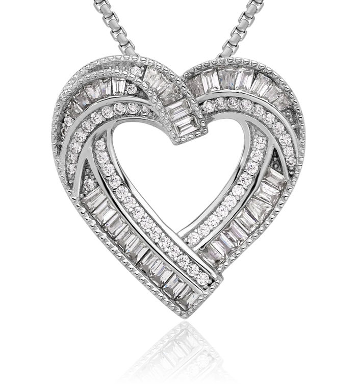 925 Sterling Silver Cubic Zirconia CZ Heart Floating Chain Slide Pendant Necklace Charm