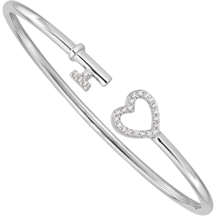 925 Sterling Silver Cubic Zirconia CZ Heart Key Flexible Bangle Bracelet