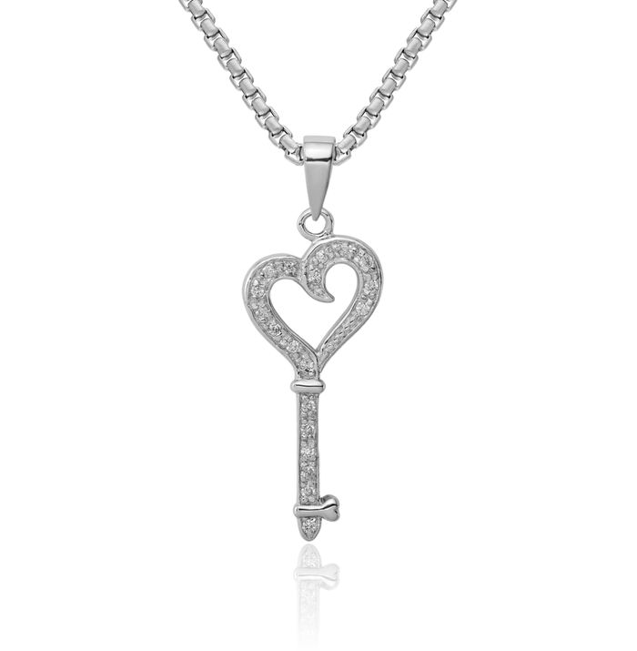 925 Sterling Silver Cubic Zirconia CZ Heart Key Necklace Chain Pendant Charm