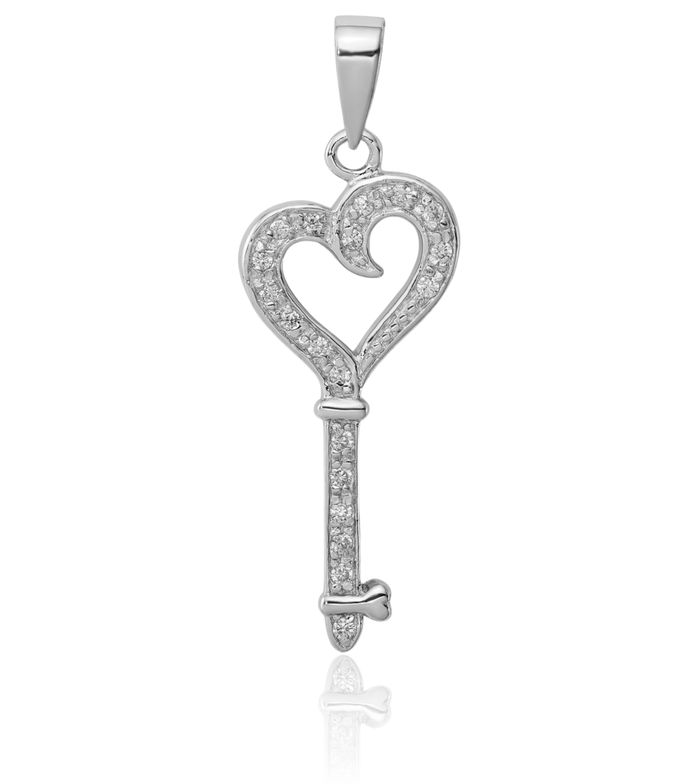 925 Sterling Silver Cubic Zirconia CZ Heart Key Necklace Chain Pendant Charm