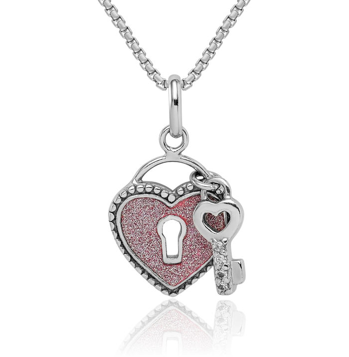 925 Sterling Silver Cubic Zirconia CZ Heart Key Necklace Chain Pendant Charm