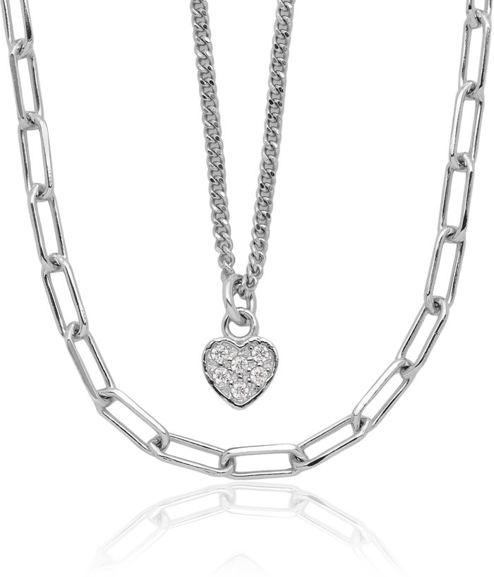 925 Sterling Silver Cubic Zirconia CZ Heart Layering Necklace Chain