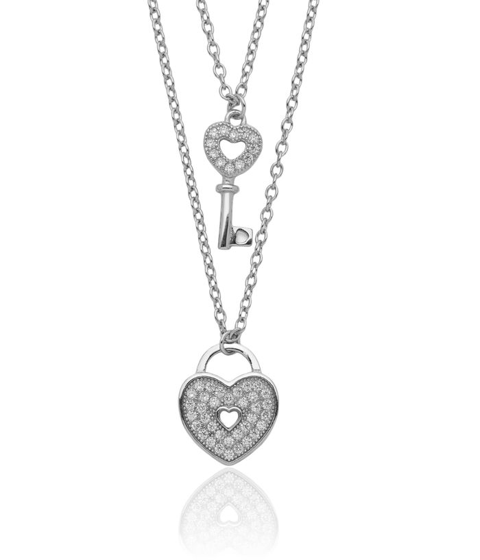 925 Sterling Silver Cubic Zirconia CZ Heart Lock Key Layering Necklace Chain