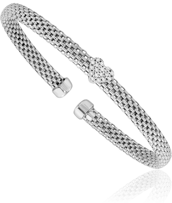 925 Sterling Silver Cubic Zirconia CZ Heart Mesh Cuff Bracelet