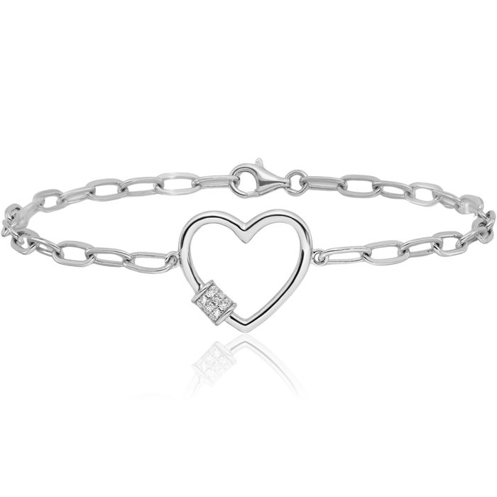 925 Sterling Silver Cubic Zirconia CZ Heart Paperclip Cable Rolo Link Chain Charm Bracelet