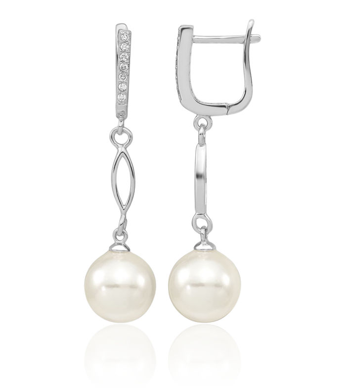925 Sterling Silver Cubic Zirconia CZ Huggie Hoop 10mm White Shell Pearl Drop Dangle Earrings