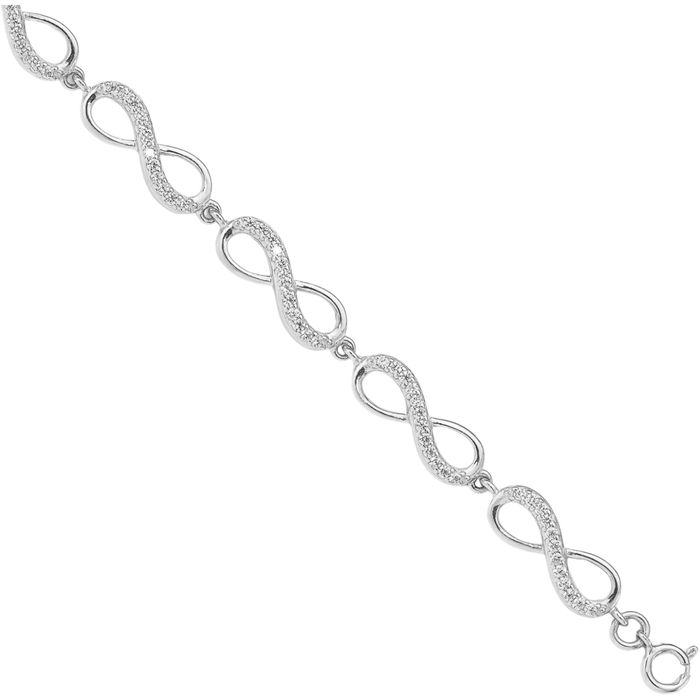 925 Sterling Silver Cubic Zirconia CZ Infinity Twisted Love Knot Symbol Chain Charm Bracelet