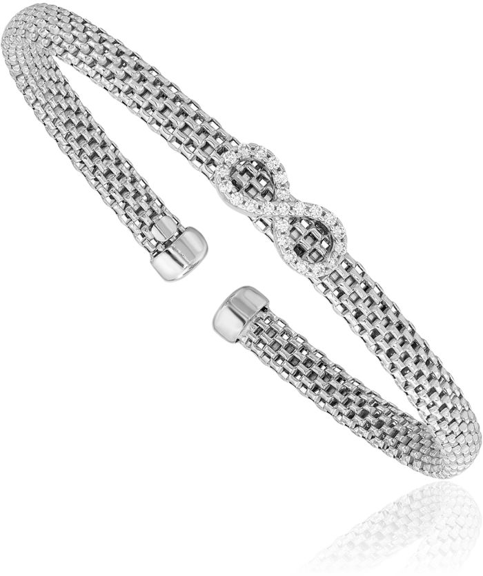 925 Sterling Silver Cubic Zirconia CZ Infinity Twisted Love Knot Symbol Flexible Cuff Charm Bracelet