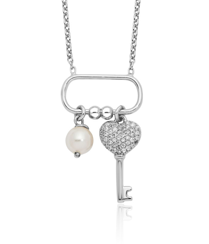 925 Sterling Silver Cubic Zirconia CZ Key/glass Pearl Necklace Chain