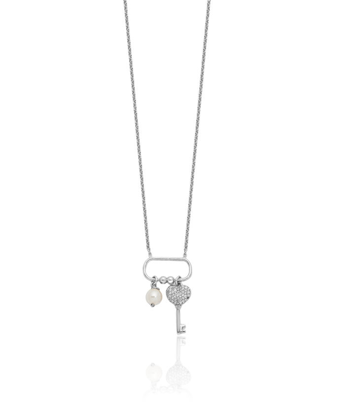 925 Sterling Silver Cubic Zirconia CZ Key/glass Pearl Necklace Chain