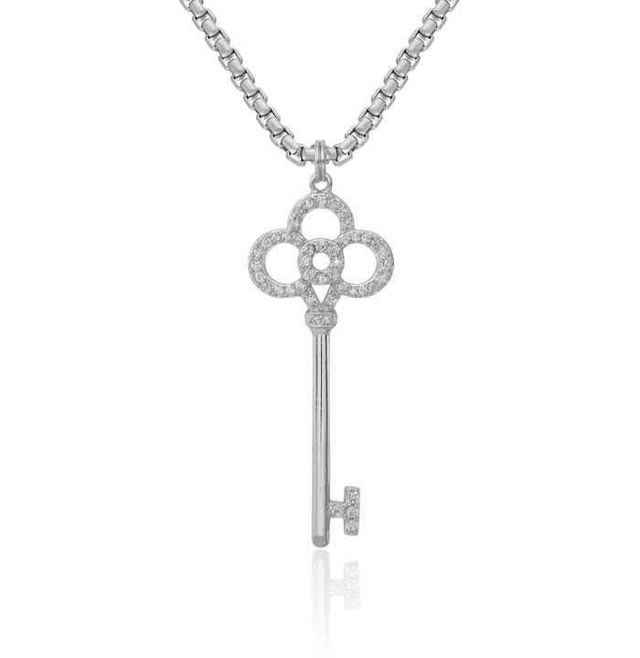 925 Sterling Silver Cubic Zirconia CZ Key Necklace Chain Pendant Charm