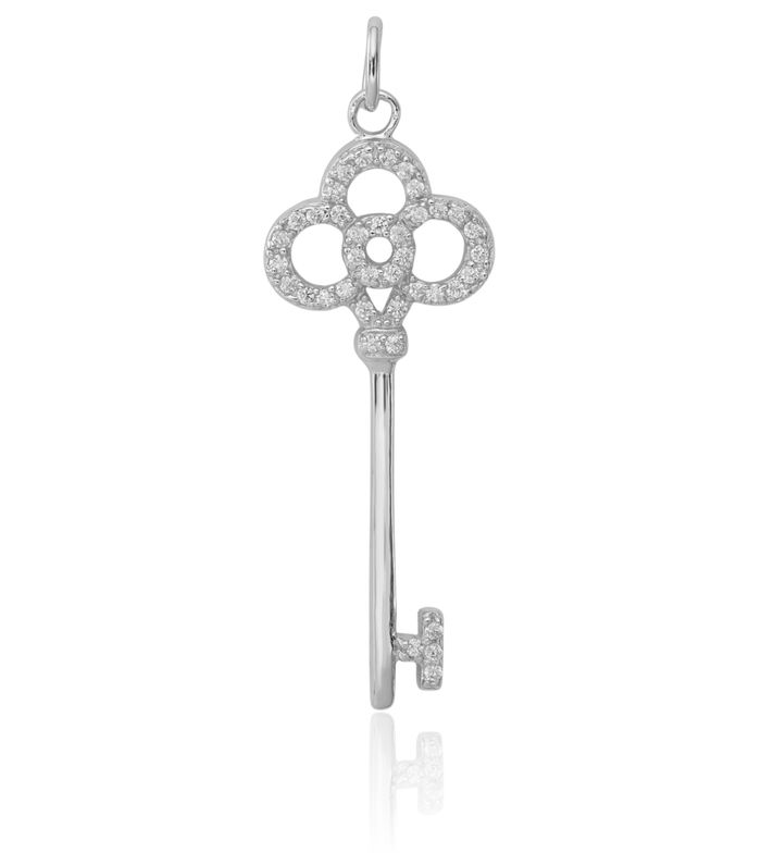 925 Sterling Silver Cubic Zirconia CZ Key Necklace Chain Pendant Charm