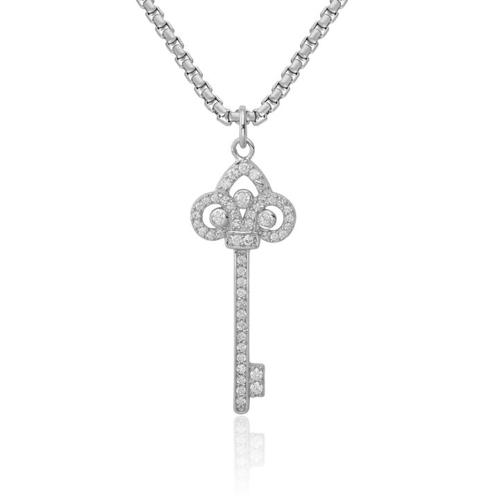 925 Sterling Silver Cubic Zirconia CZ Key Necklace Chain Pendant Charm