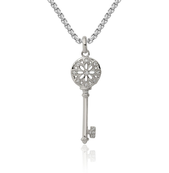 925 Sterling Silver Cubic Zirconia CZ Key Necklace Chain Pendant Charm