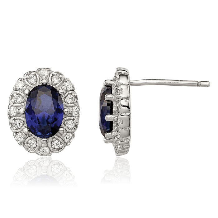 925 Sterling Silver Cubic Zirconia CZ Lab Blue Sapphire Oval Halo Stud Earrings