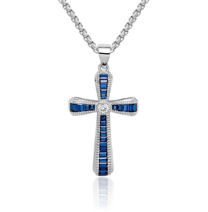 925 Sterling Silver Cubic Zirconia CZ Lab Blue Spinel Holy Cross Necklace Religious Chain Pendant Jesus Christ Charm