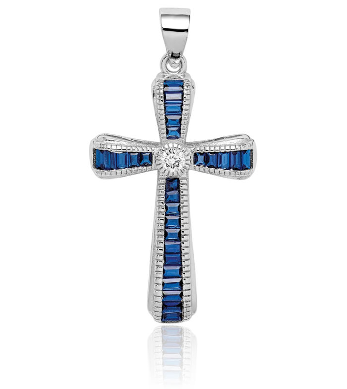 925 Sterling Silver Cubic Zirconia CZ Lab Blue Spinel Holy Cross Necklace Religious Chain Pendant Jesus Christ Charm