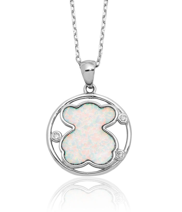 925 Sterling Silver Cubic Zirconia CZ Lab Opal Bear Necklace Chain Gemstone Pendant Charm