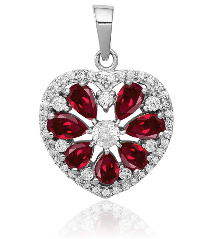 925 Sterling Silver Cubic Zirconia CZ Lab Red Ruby Heart Necklace Gemstone Pendant Charm