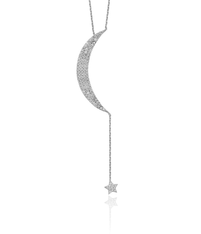 925 Sterling Silver Cubic Zirconia CZ Crescent Moon Star Necklace Chain Celestial Jewelry