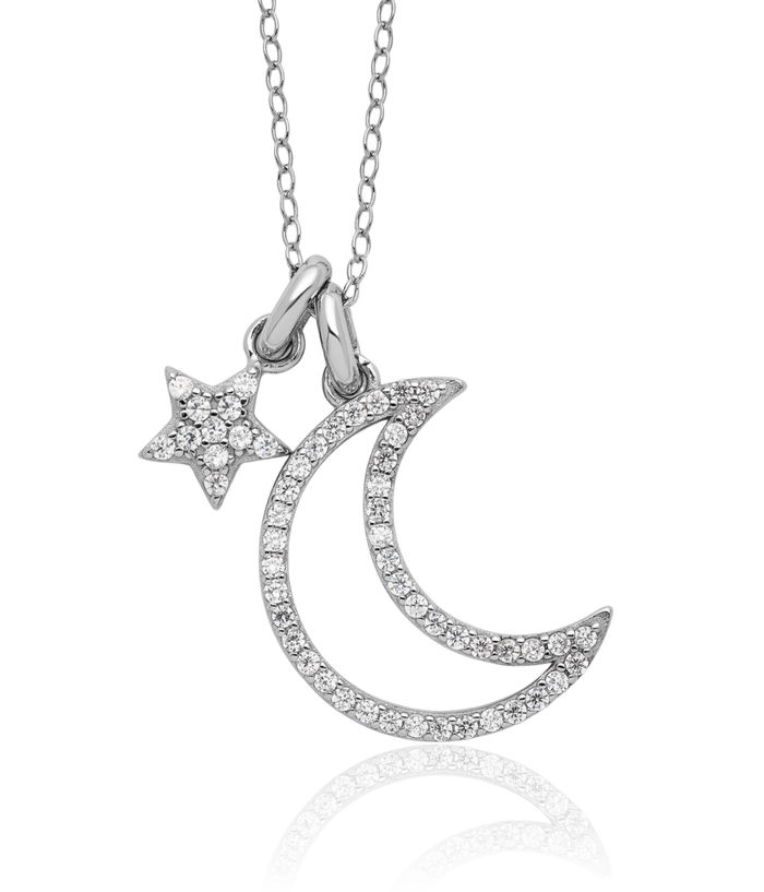 925 Sterling Silver Cubic Zirconia CZ Crescent Moon Star Necklace Chain Celestial Jewelry