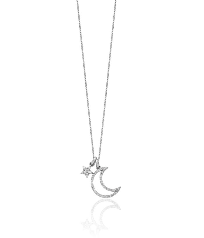 925 Sterling Silver Cubic Zirconia CZ Crescent Moon Star Necklace Chain Celestial Jewelry