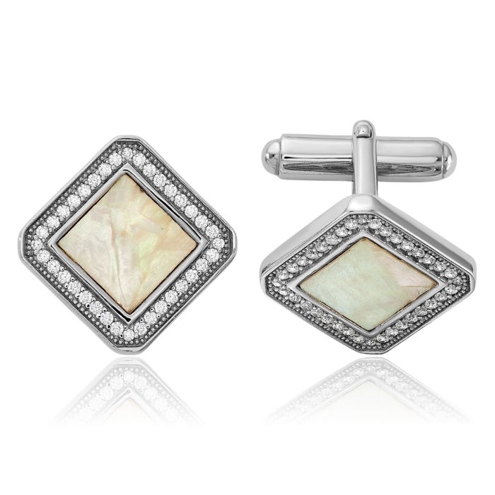 925 Sterling Silver Cubic Zirconia CZ Mother of Pearl Square Cuff Links