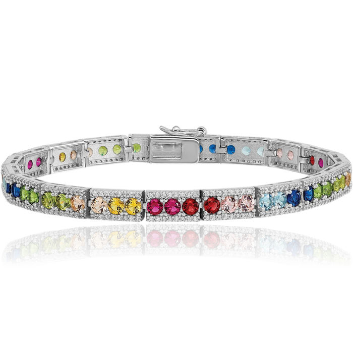 925 Sterling Silver Cubic Zirconia CZ Multi-color Rhinestone Crystals Chain Bracelet