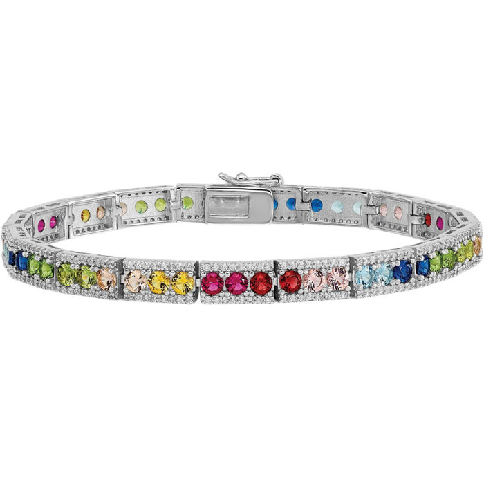 925 Sterling Silver Cubic Zirconia CZ Multi-color Rhinestone Crystals Chain Bracelet