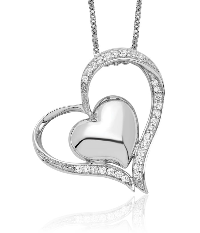 925 Sterling Silver Cubic Zirconia CZ My Heart Double Hear Necklace Chain