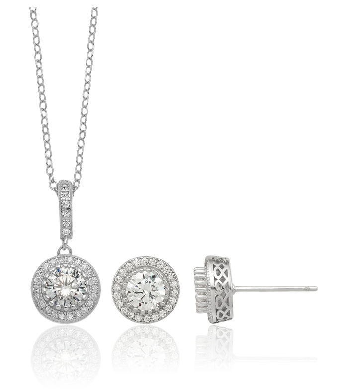 925 Sterling Silver Cubic Zirconia CZ Necklace Chain Stud Earrings Set