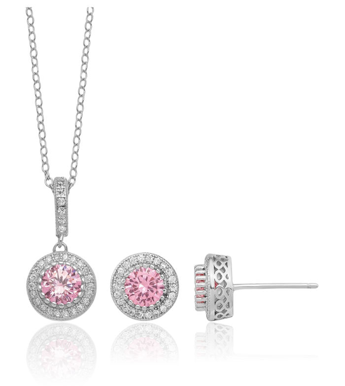 925 Sterling Silver Cubic Zirconia CZ Necklace Chain Stud Earrings Set